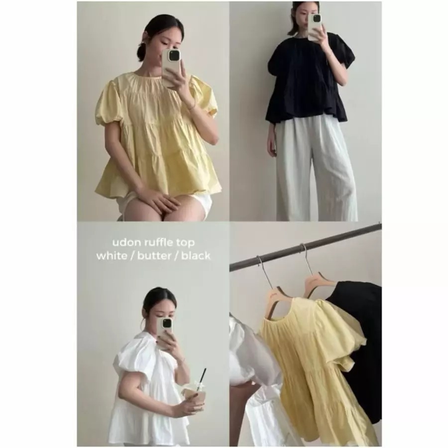 ORTWO - ZJD BAJU BLOUSE VEGA POPLIN LENGAN PENDEK PUFF TOP RUBBER / UDON Top Ruffle
