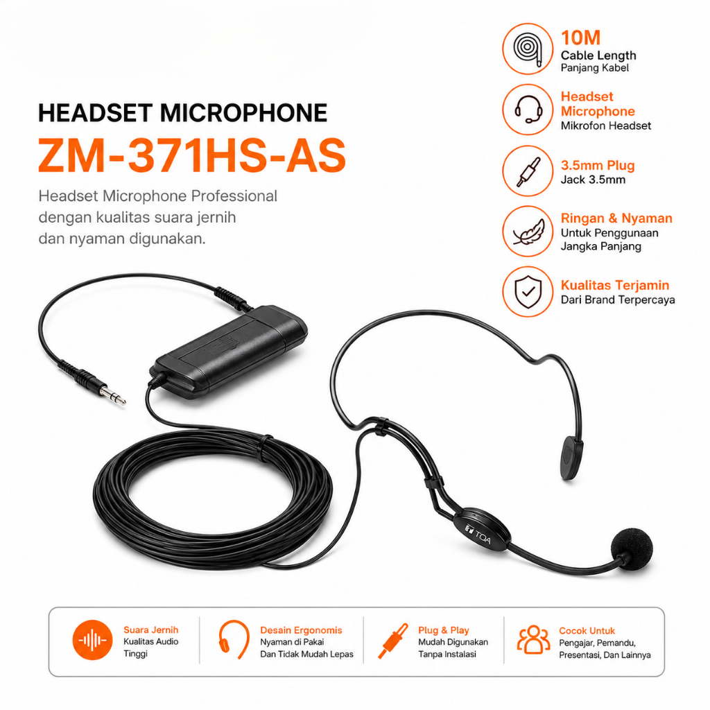 Mic Toa Mic Headset Bando ORIGINAL Panjang Kabel 10 Meter Tipe ZM-371