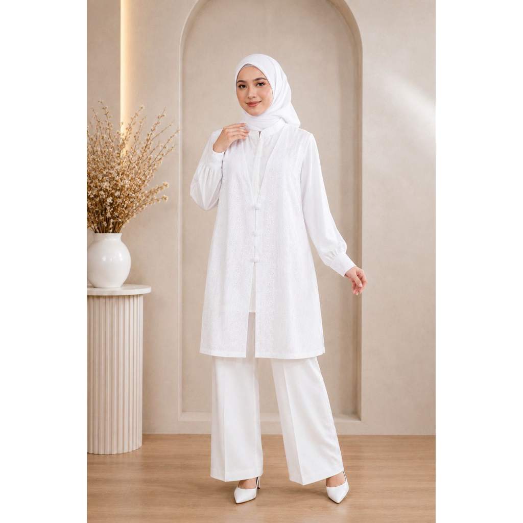 Aurora Lace Tunic White | Tunik Muslimah Premium Brokat Eyelet | Atasan Wanita Elegan | Tunik Wanita