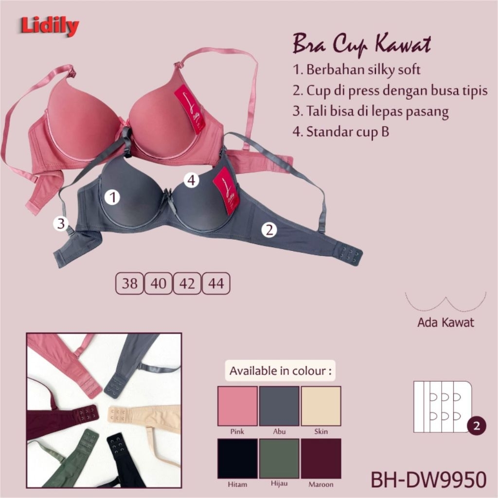Lydyly BH DW 9950 silky soft bra 38-44 kawat,busa tipis Cup C 3/4 kait 2