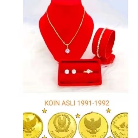 SET PERHIASAN KOIN ASLI 1991 SET PERHIASAN KOINPERMATA SATU WARNA EMAS ANTI LUNTUR DAN KARAT
