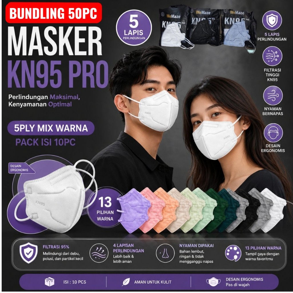 50pcs BUNDLING | MASKER PRO KN95 WEMAZE 5PLY - MASKER KN95 NEW KOREA DESIGN WEMASK ORIGINAL
