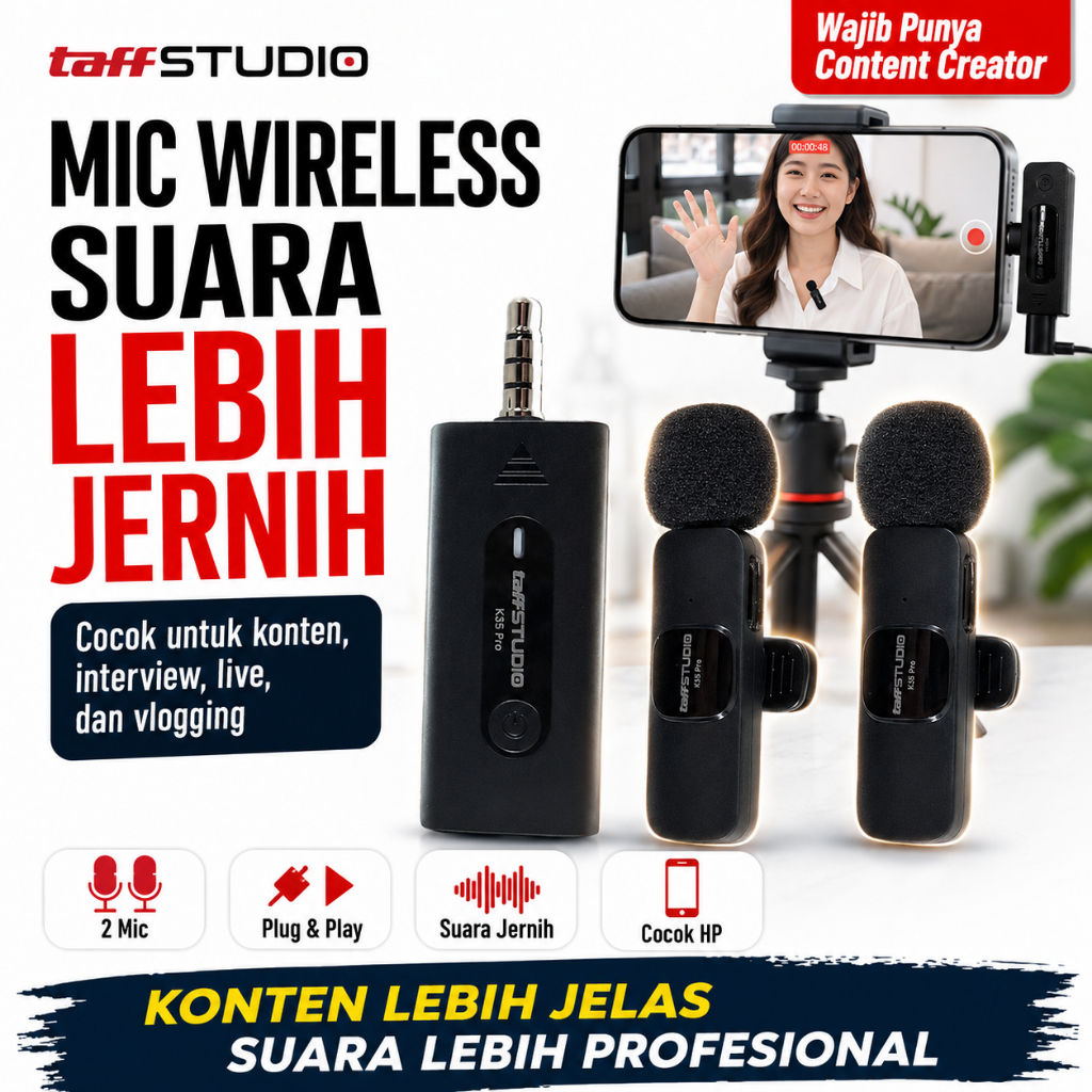 MIC WIRELESS CLIP ON 3.5MM UNTUK VLOGGING KARAOKE DAN KONTEN