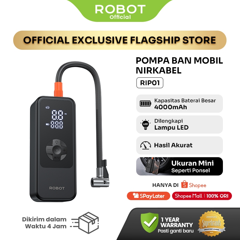 ROBOT Pompa Ban Elektrik Mobil/Truk/Motor/Bola Inflator Air Pump Portable Mini 4000mAh LED Display T
