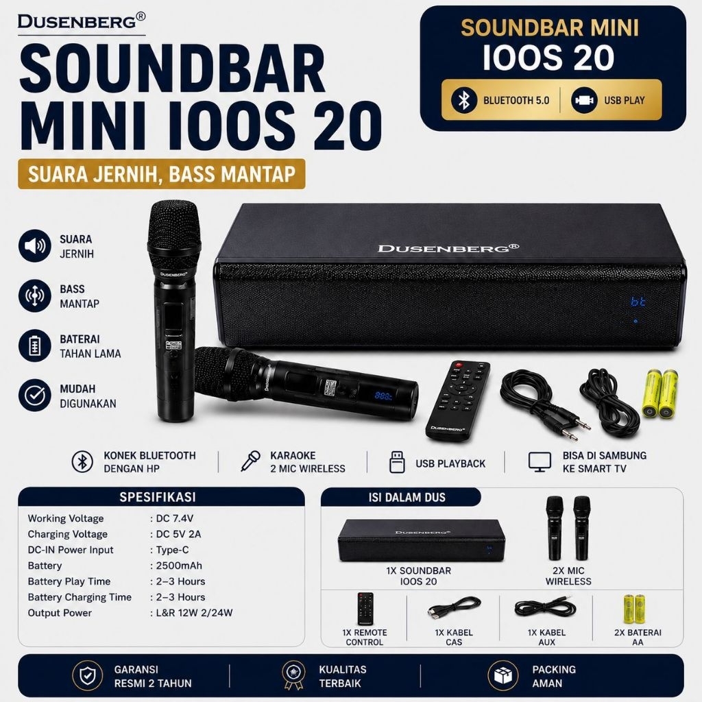 Speaker Dusenberg ioos 20 Mini Soundbar Karaoke Smart Tv, Hp, Bluetooth, 2 Mic Wireless