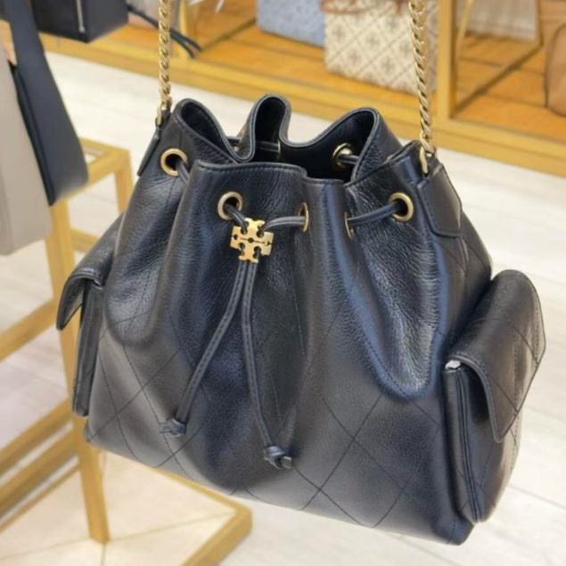 Small TB Tory Charlie drawstring shoulder bucket bag, adjustable drawstring, shoulder bag