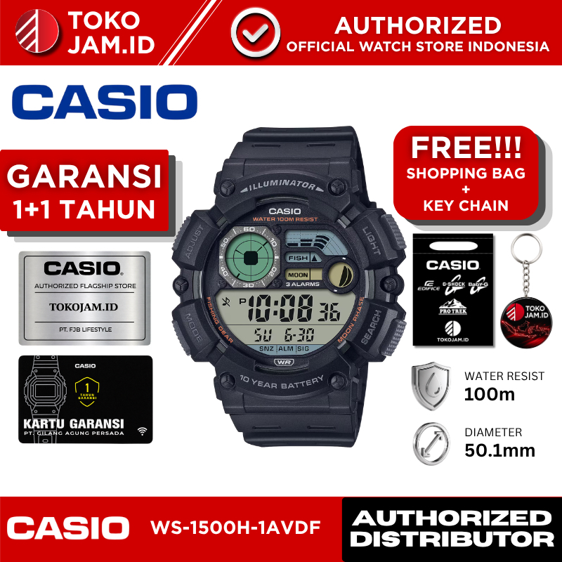 Casio WS-1500H-1AVDF Digital Hitam Fishing Gear Moon Data Sport WR 100M Jam Tangan Unisex
