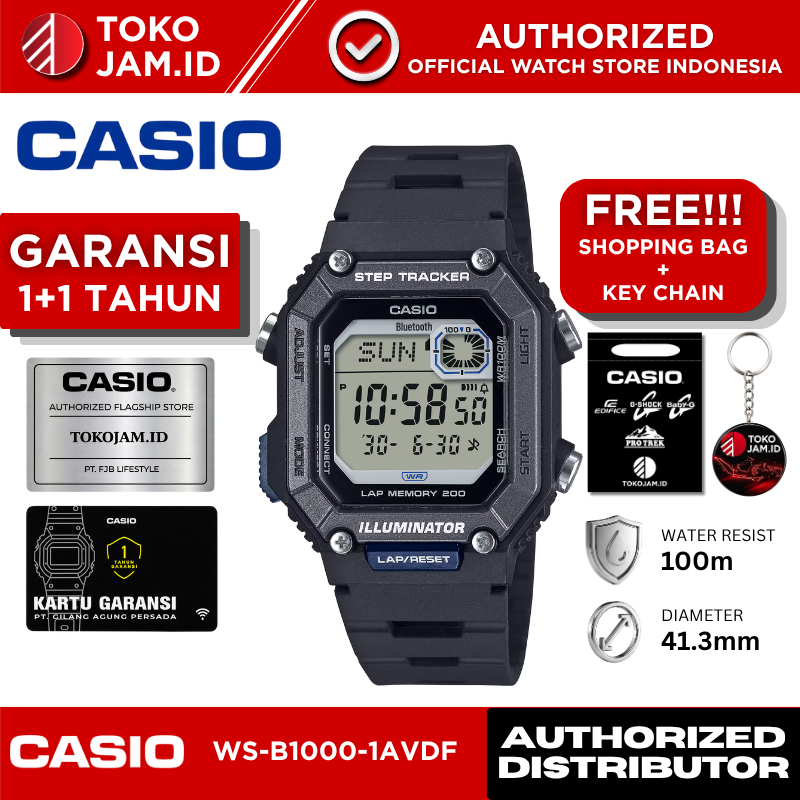 Casio WS-B1000-1AV Digital Black Bluetooth Step Tracker Sport LED Alarm Stopwatch WR 100M Jam Tangan