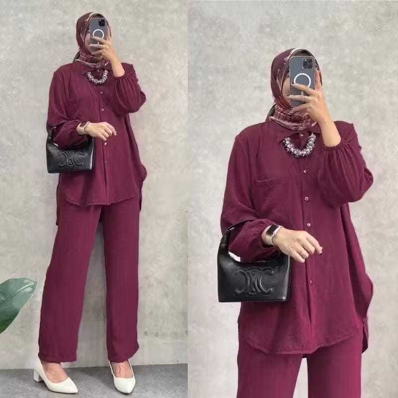 Baju setelan wanita kerah kemeja/ setcel panjang polos