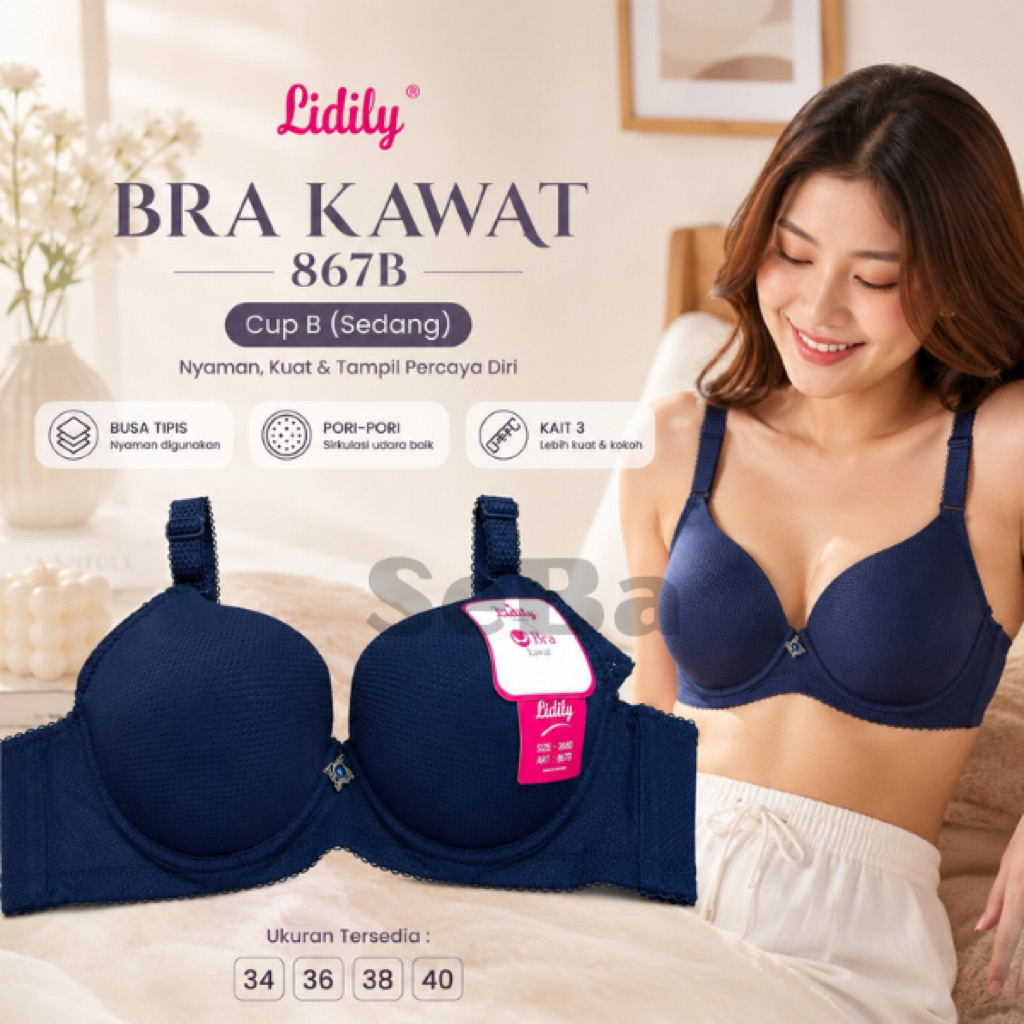 Bh Kawat Lidily 867 Pori Pori / Bra Lidily Kawat Bintik Kait 3 / Lidily Bra Kawat Busa Tipis 34 - 40