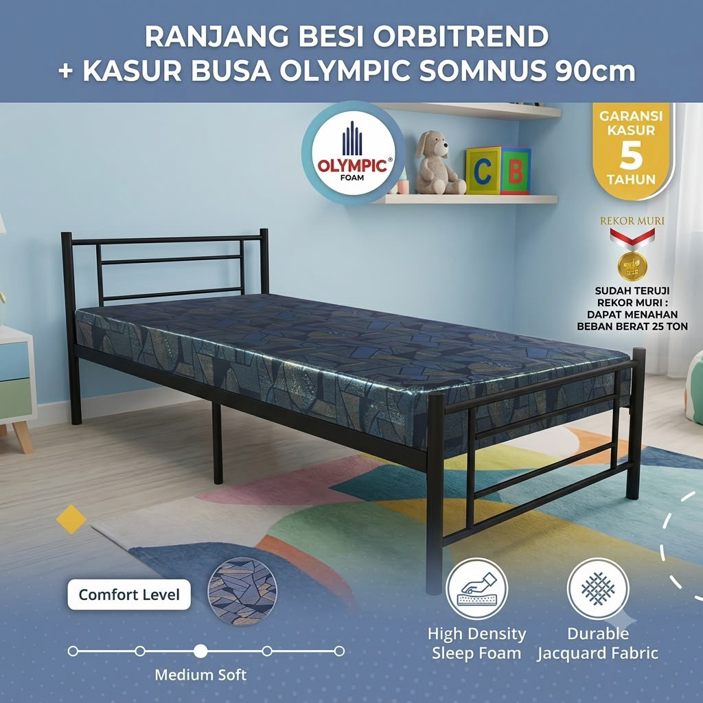 Ranjang Tempat Tidur Besi Divan Single Besi 90x200 Orbitrend Square / Kasur Busa Olympic Somnus / Di