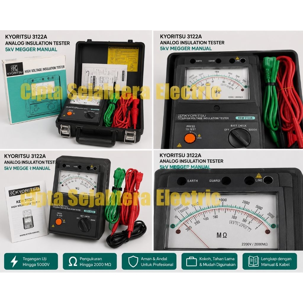 Kyoritsu 3122A analog
insulation tester 5kv Megger Manual jarum 3122 A