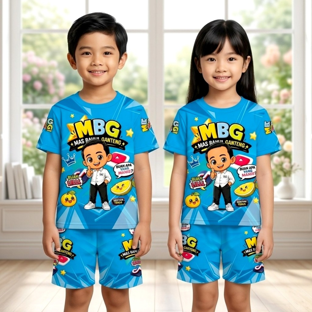SETELAN BAJU ANAK VIRAL MBG / MOTIF MIE GORENG , MAKANAN BISKUIT MINUMAN SUSU UNTUK USIA 1-10 THN ,D