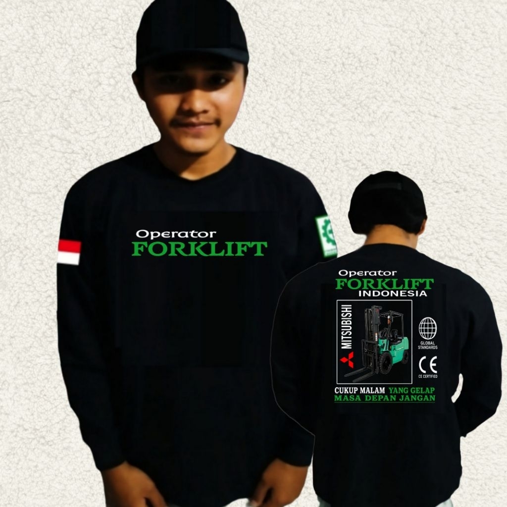 Kaos sablon operator Forklift mitsubishi kata kata/Kaos distro forklift/kaos lengan panjang