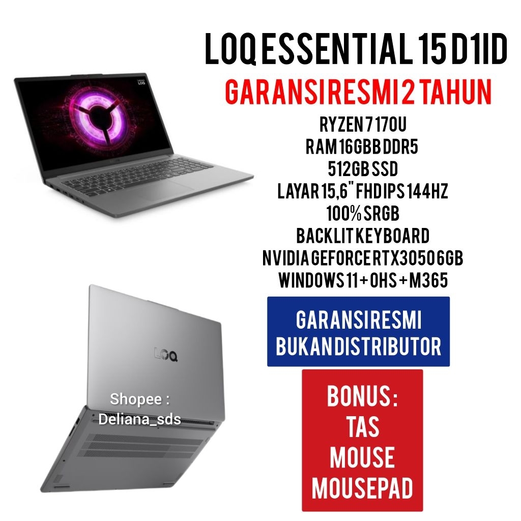 Laptop Gaming Lenovo LOQ Essential D1ID Ryzen 7 170U 16GB/512GB RTX3050 6GB 15,6" FHD IPS 144HZ 100%