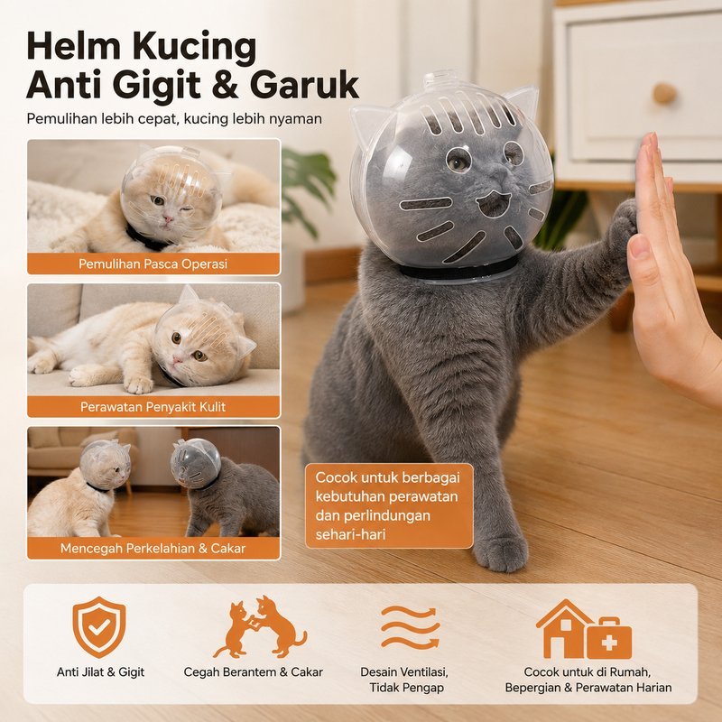 Helm Kucing Anti Gigit Cakar Pelindung Kepala Kucing Astronaut Transparan Brangus Cat Muzzle Masker 