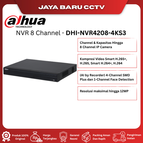Dahua DHI-NVR4208-4KS3 NVR 8 Channel Original Pemutar Ulang Rekaman Video CCTV Terbaik Garansi Resmi