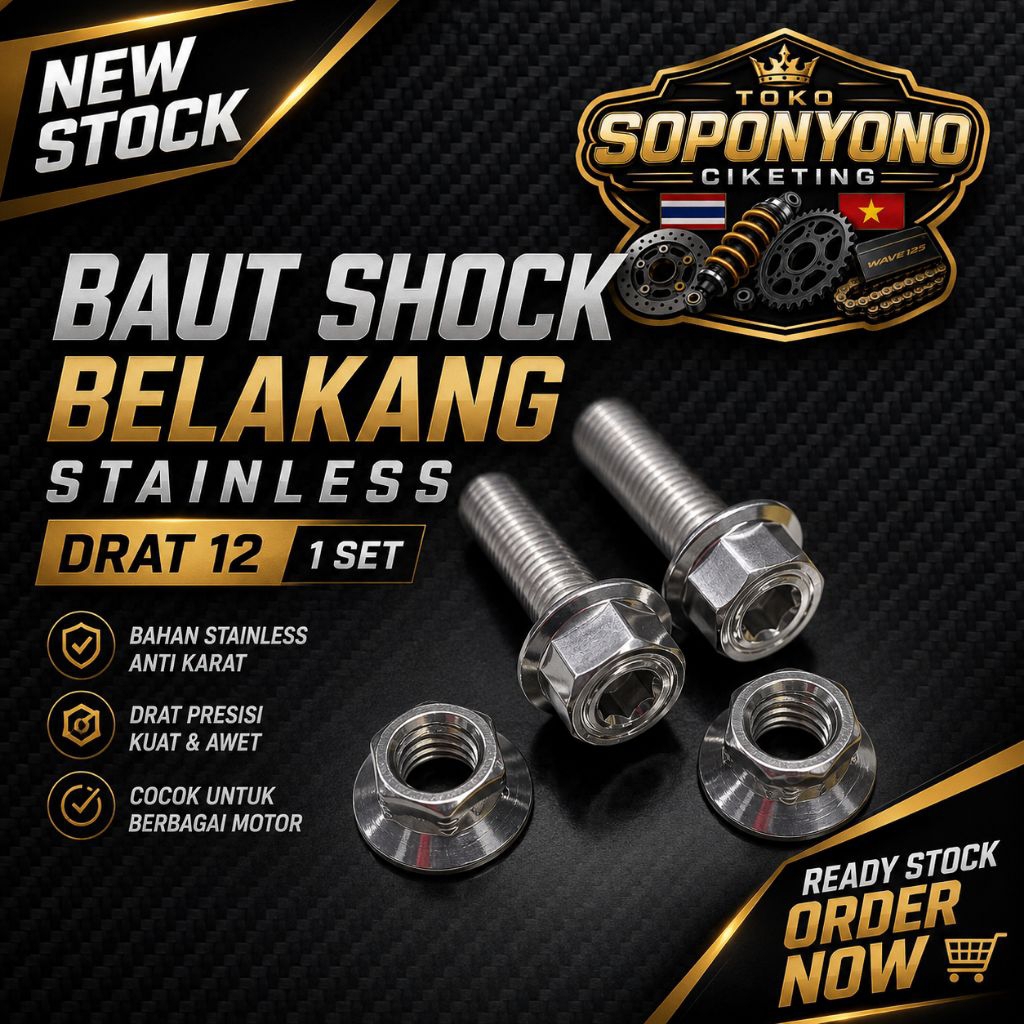 + ¥¤£ {TERMURAH}| BAUT SHOCK BELAKANG BAUT 12  STAINLESS GLOSSY MODEL 2KUNCI-SLASH FOR BY HENG NUI O