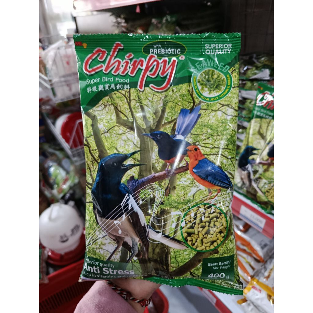 PELET BURUNG CHIRPY SEAWED/chirpy hijau pakan burung 400g