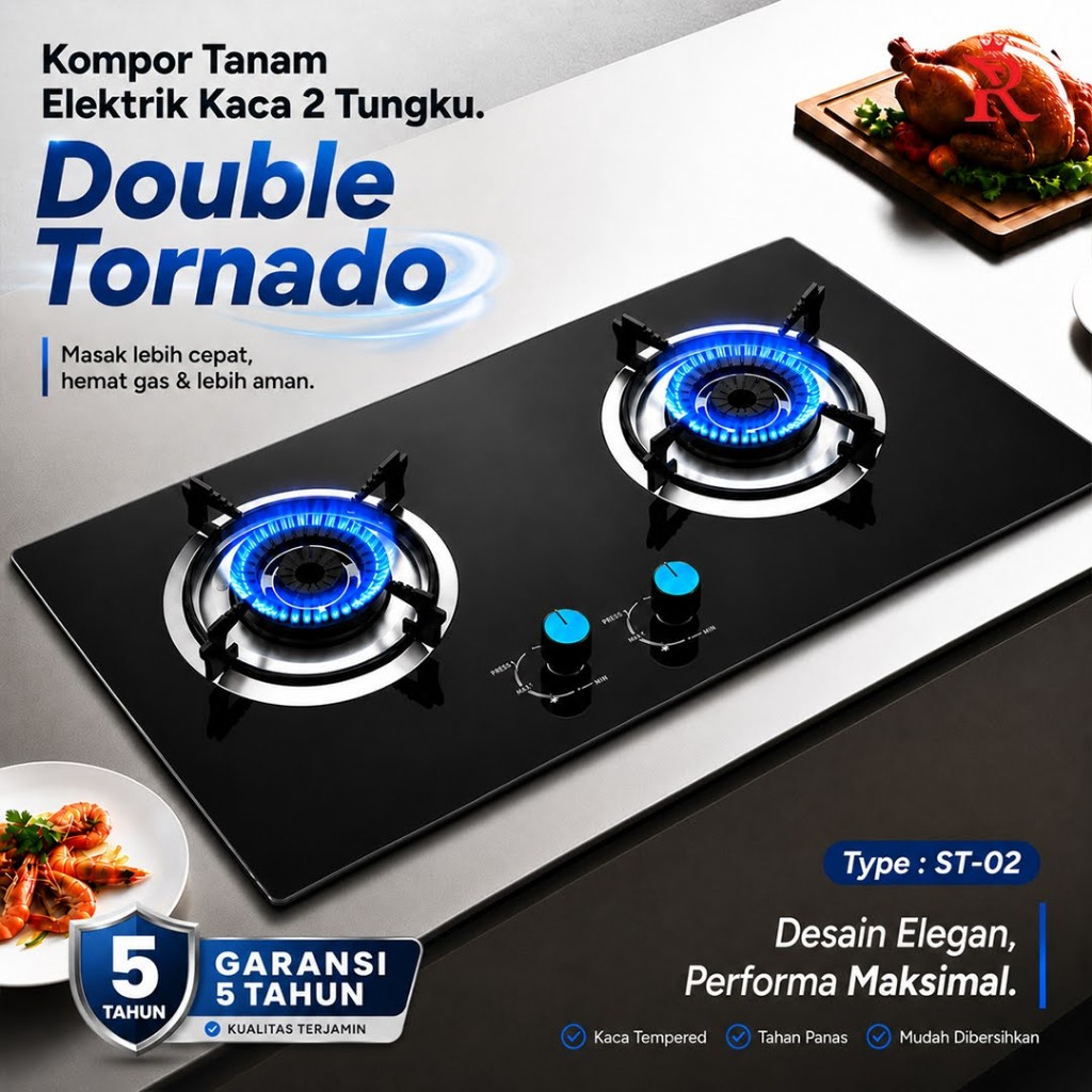 Kompor Tanam Gascomp 2 Tungku Double Tornado Kaca Tempered Kompor Gas Built In Hemat Gas ST-02