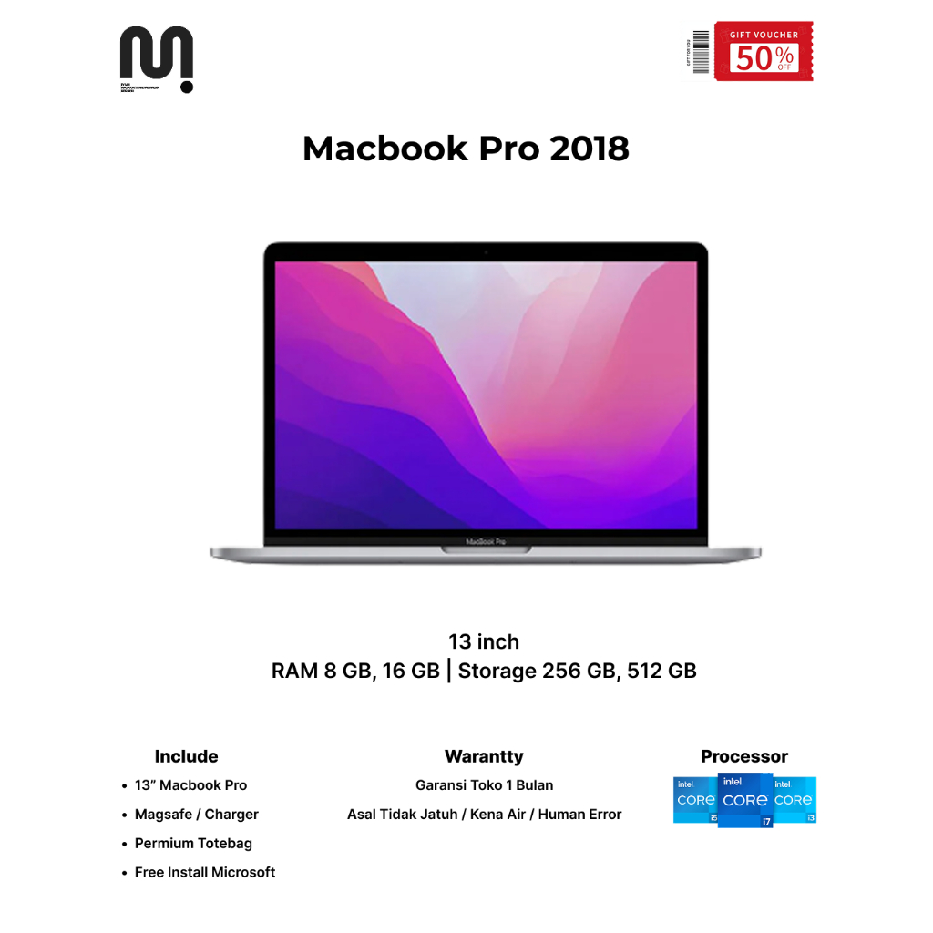 Macbook Pro 2018 13" RAM 16 GB/ 256 GB, 512 GB, 1 TB Intel Cire i5/ i7