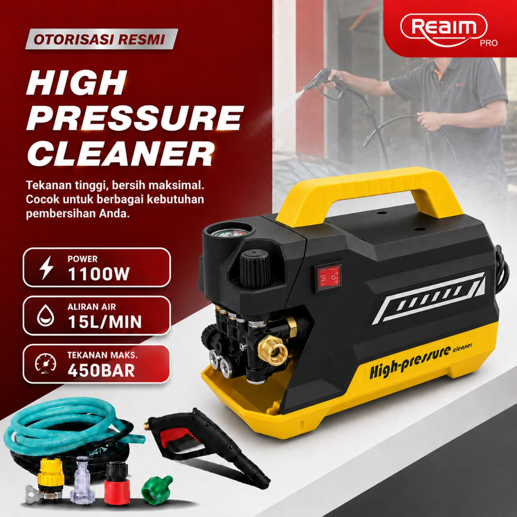 REAIM  PRO RPW-200PRO Mesin Cuci Mobil Tekanan Tinggi 1100W Motor Induksi 15L/Min 450 Bar Self Primi