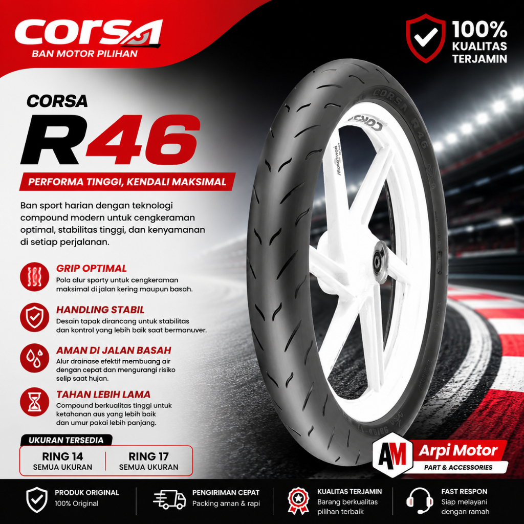 Ban Corsa Tubeless R46 Racing Compound Ukuran 90/80-14 100/80-14 80/80-14 90/80-17 120/60-17 & 150/6