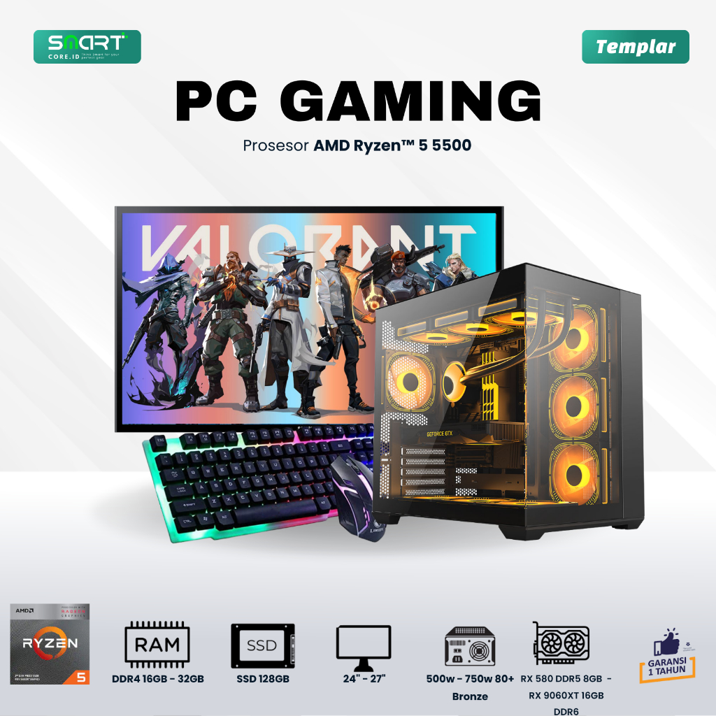 SMART PC Fullset Rakitan Gaming Editing Rendering Amd Ryzen 5 5500 | RAM 16GB - SSD 256GB | Computer