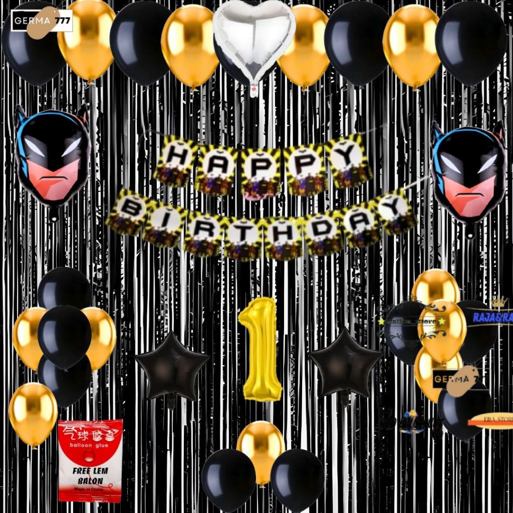 Paket Dekorasi Balon Ulang Tahun Anak Cowok Banner Happy Birthday Batman Tirai Foil Ultah Set Simple