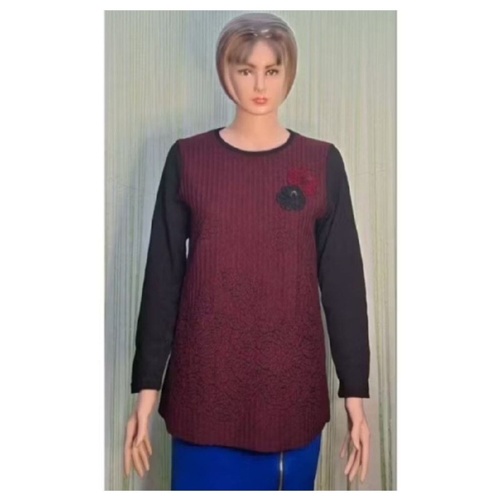 blouse blus wanita rajut merah maroon hitam lengan panjang