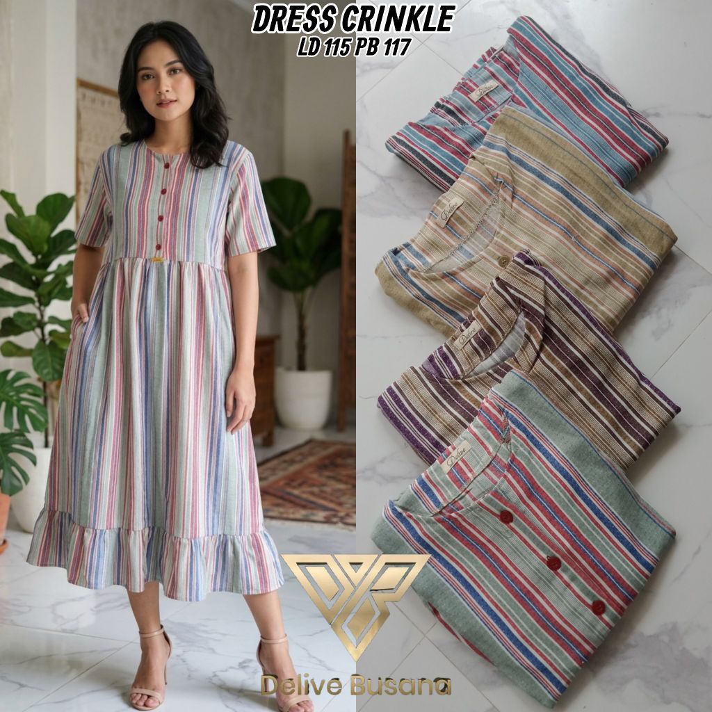 Delivebusana- Dress crinkle Delive lengan pendek motif  //Dress motif salur //Homey dress crinkle