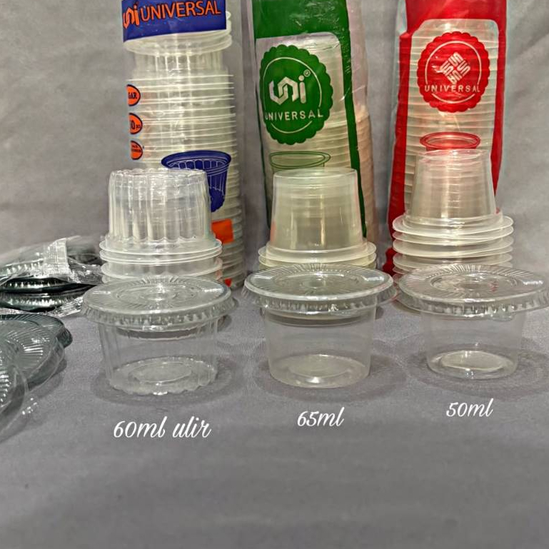 GELAS PLASTIK AGAR/CUP SAMBAL MEREK UNIVERSAL UKURAN 50,60,65ML ISI 50 PCS