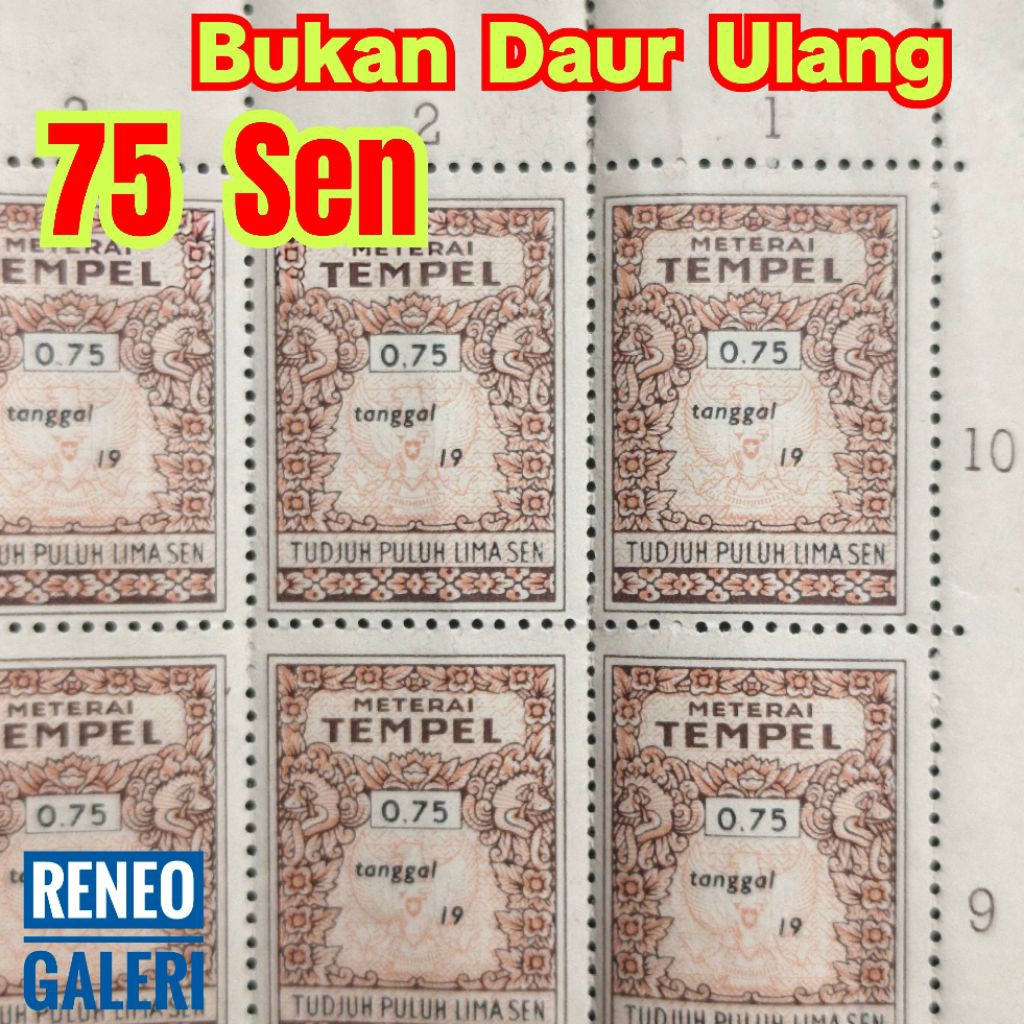 1 Biji Materai Tempel asli 75 Sen Tahun 1960 - 1970 Meterai matrai Rp 0,75 Rupiah Lama kuno jaman du