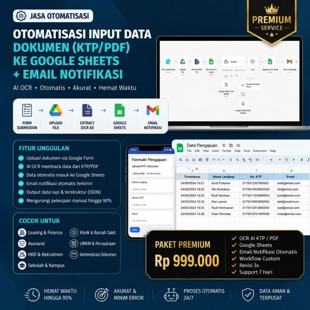 Jasa Automasi Data Entry AI | OCR KTP PDF ke Google Sheets | Email Notifikasi Otomatis | n8n Automat