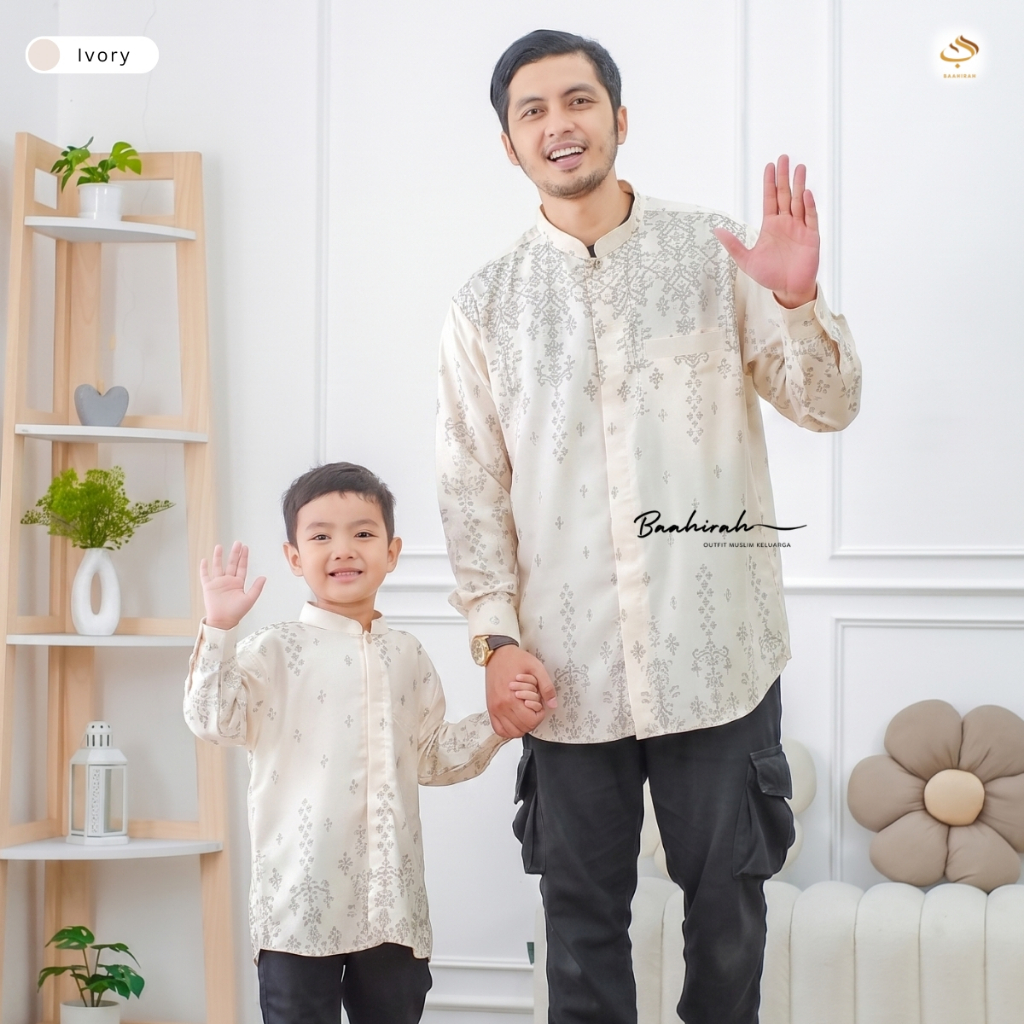 Koko Couple Ayah Anak Motif Etnik Premium Dior Silk Lengan Panjang Baju Muslim Keluarga Kondangan