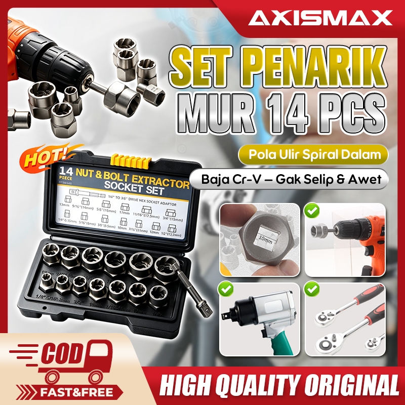 14 PCS Screw Extractor Set Pembuka Baut Dol Rusak Patah Multifungsi Alat Pembuka Baut & Mur Hexagon 