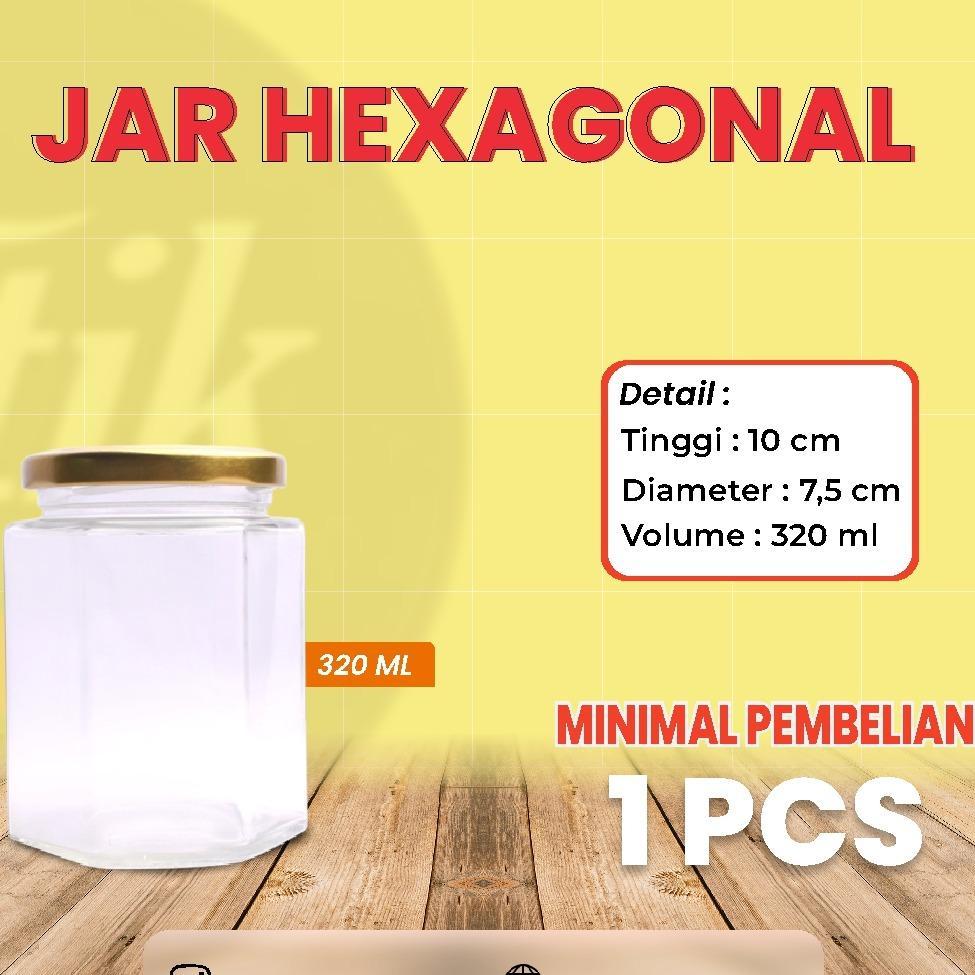 BOTOL JAR TOPLES KACA HEXAGONAL 320 ML + TUTUP BOTOL TOPLES WARNA GOLD