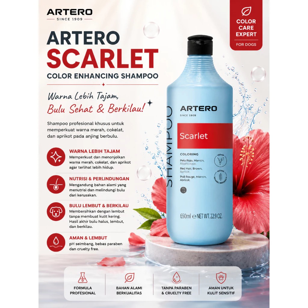 Artero Scarlet Shampoo Anjing untuk Warna Bulu Red Brown Apricot Chocolate Poodle Grooming Premium -