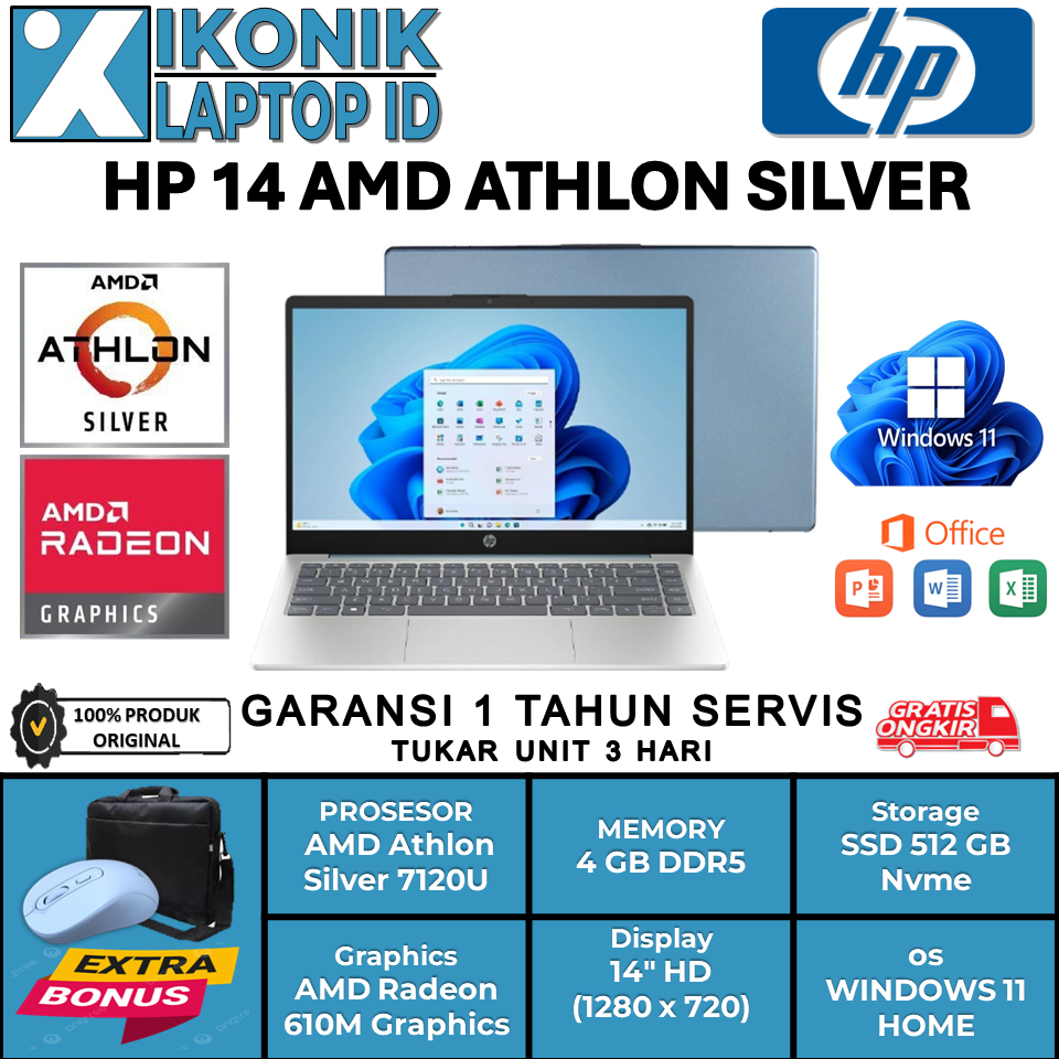 Laptop Slim HP 14 AMD Athlon Silver Ssd 512 GB Nvme Window 11 Original Baru