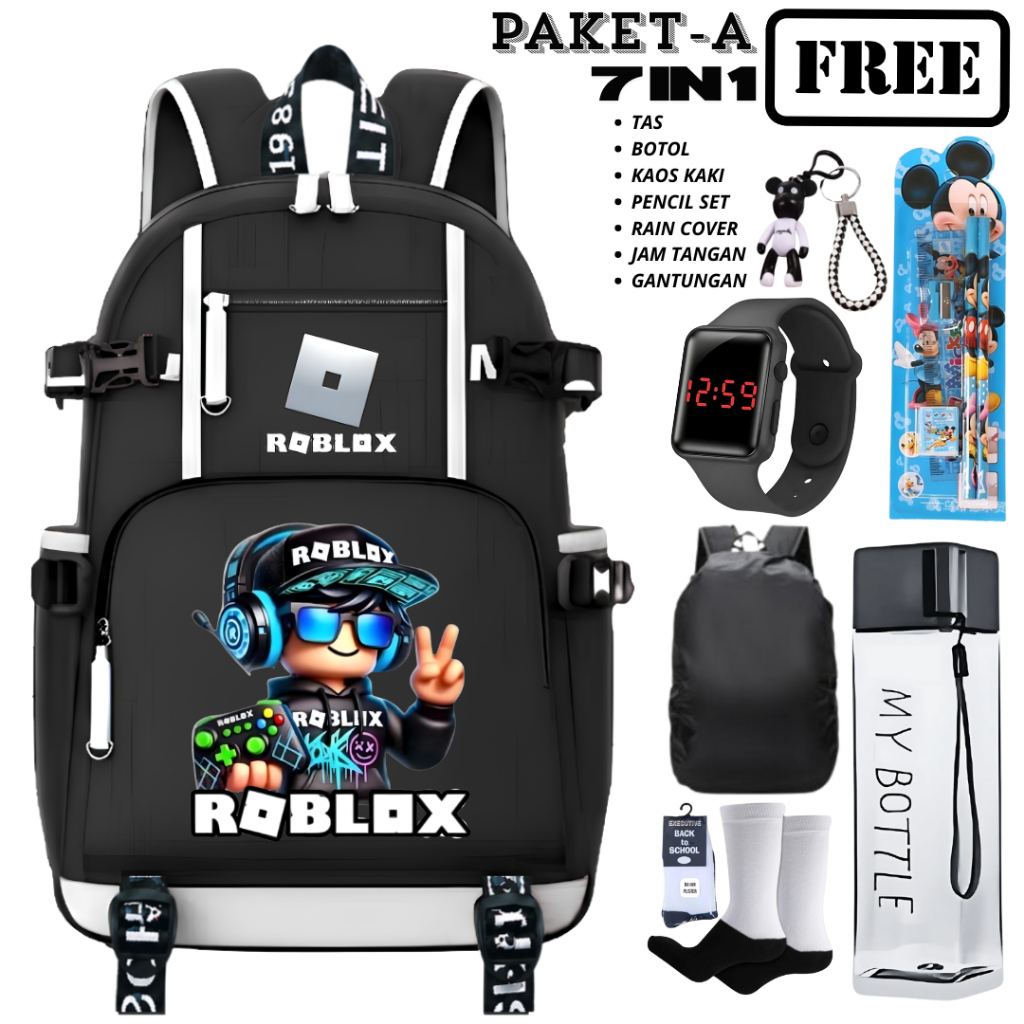 Ransel Anak Unisex Roblox Hitam Putih Set 7in1 Dengan Tas, Jam Tangan, My Bottle, Dan Aksesoris Lain