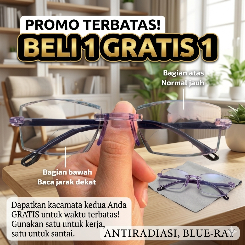 Kacamata Baca dan Jalan Lensa Double Fokus Anti Radiasi Blueray PROMO BELI 1 GRATIS 1