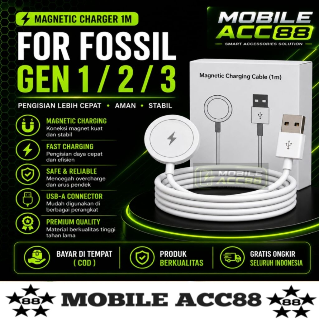 Kabel USB Charger Smart Watch Fossil Gen 1. Gen 2. Gen 3 Persamaan magnetic Charge 1M
