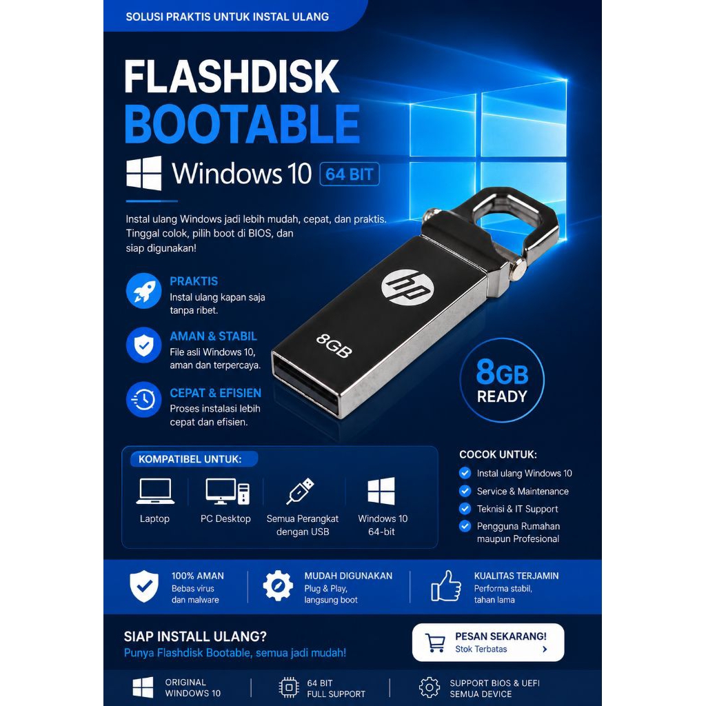Flasdisk Bootable Windows 10 64 Bit USB Installer 8 GB