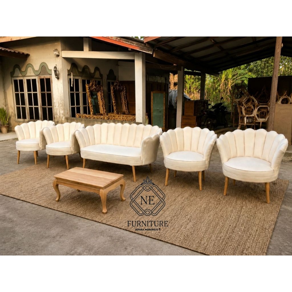Kursi Dekor Sofa Kerang kursi Nikahan Minimalis Modern Set Rangkat Kayu Jati Solid
