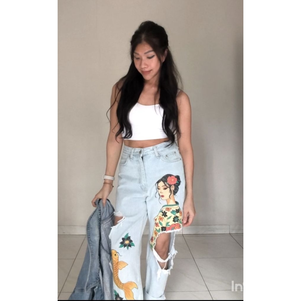 Celana Jeans Lukis Geisha Koi