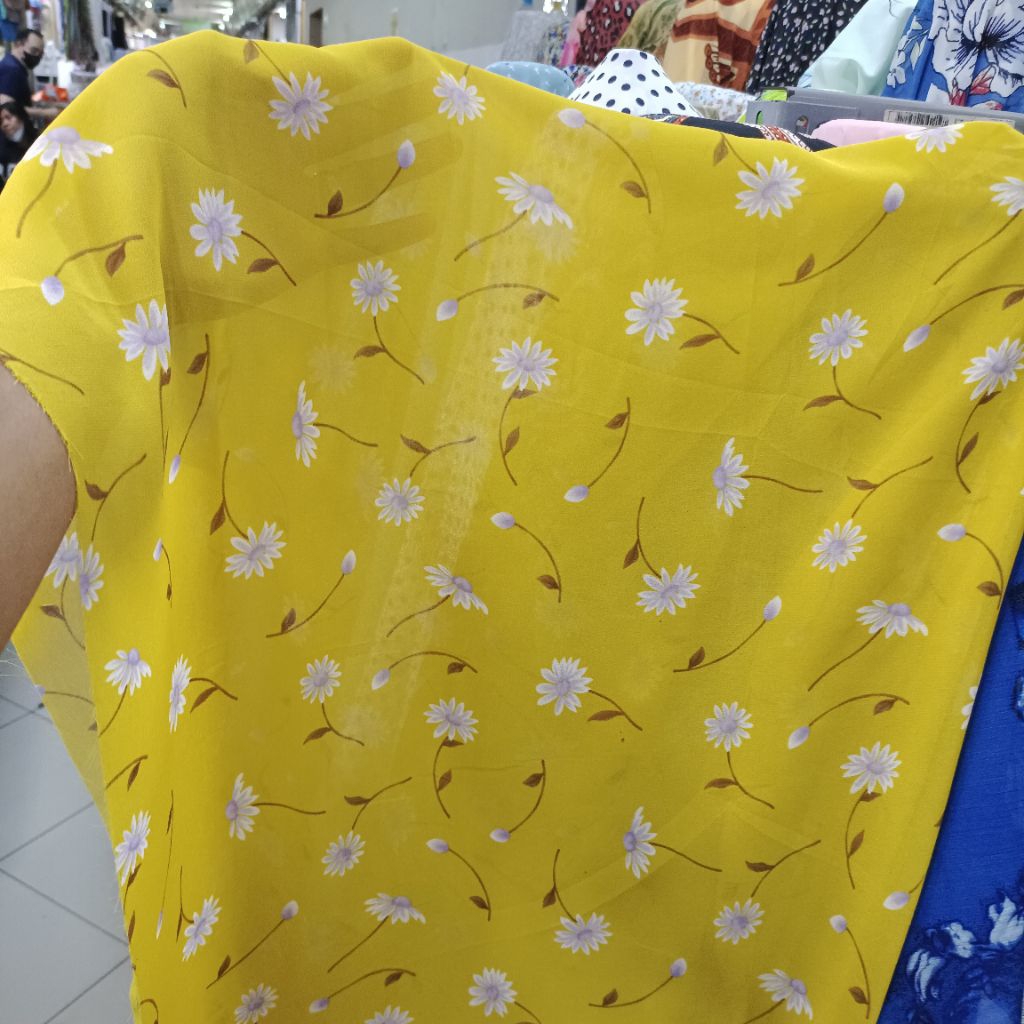 Kain Siffon Ceruty Motif Bunga Tangkai - Kain Sifon Murah Berkualitas - Kain Baby Doll Premium - Kai