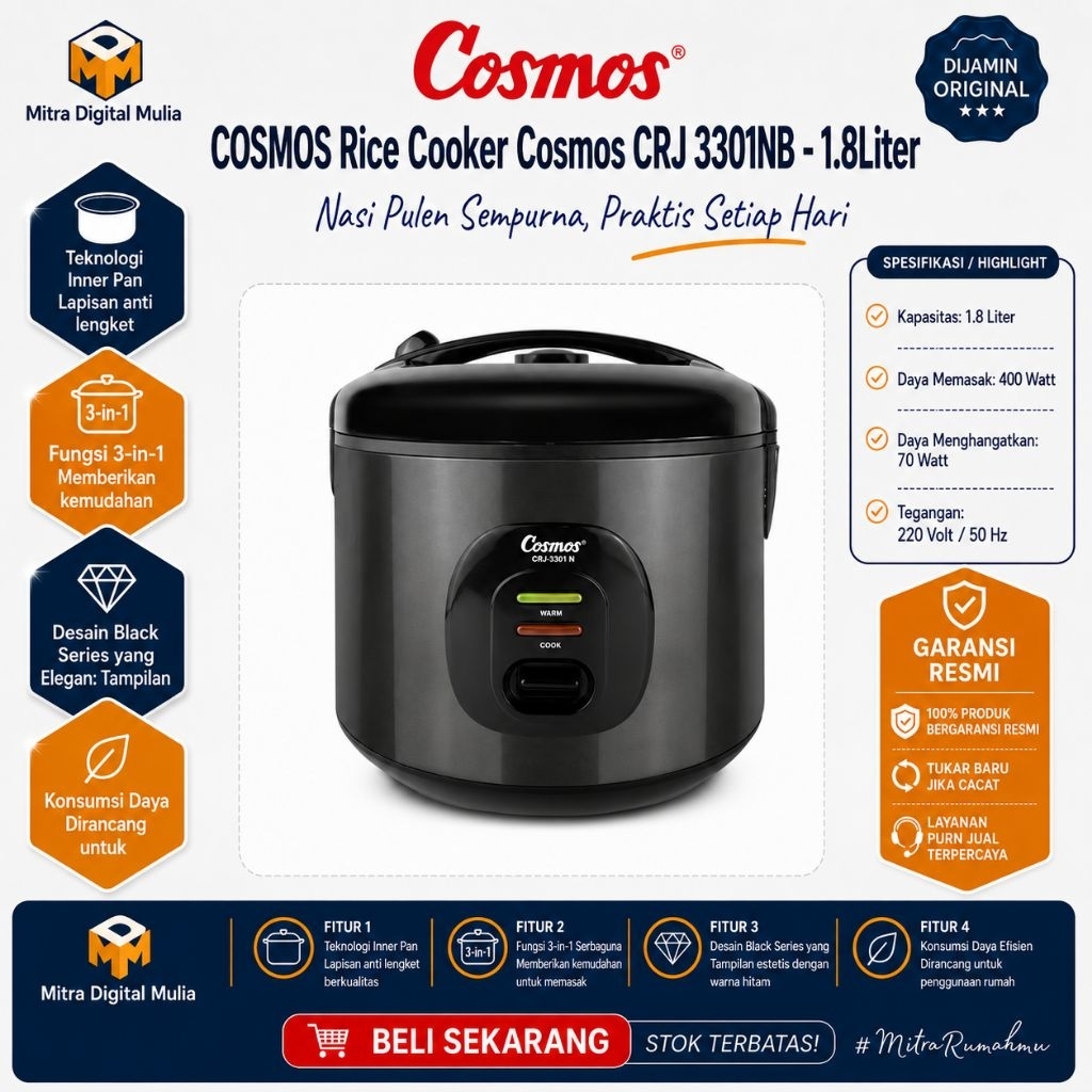 Cosmos CRJ3301NB Rice Cooker 1.8 Liter Panci Anti Lengket Low Watt Warmer 45 Watt Harmond Series Mag