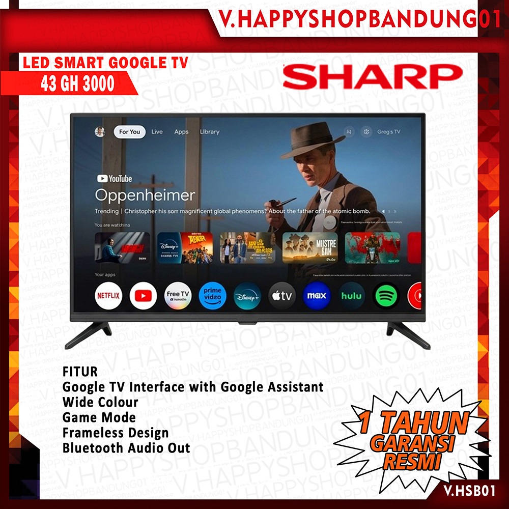 LED SHARP 43 INCH SMART GOOGLE TV 43 GH 3000 GARANSI RESMI