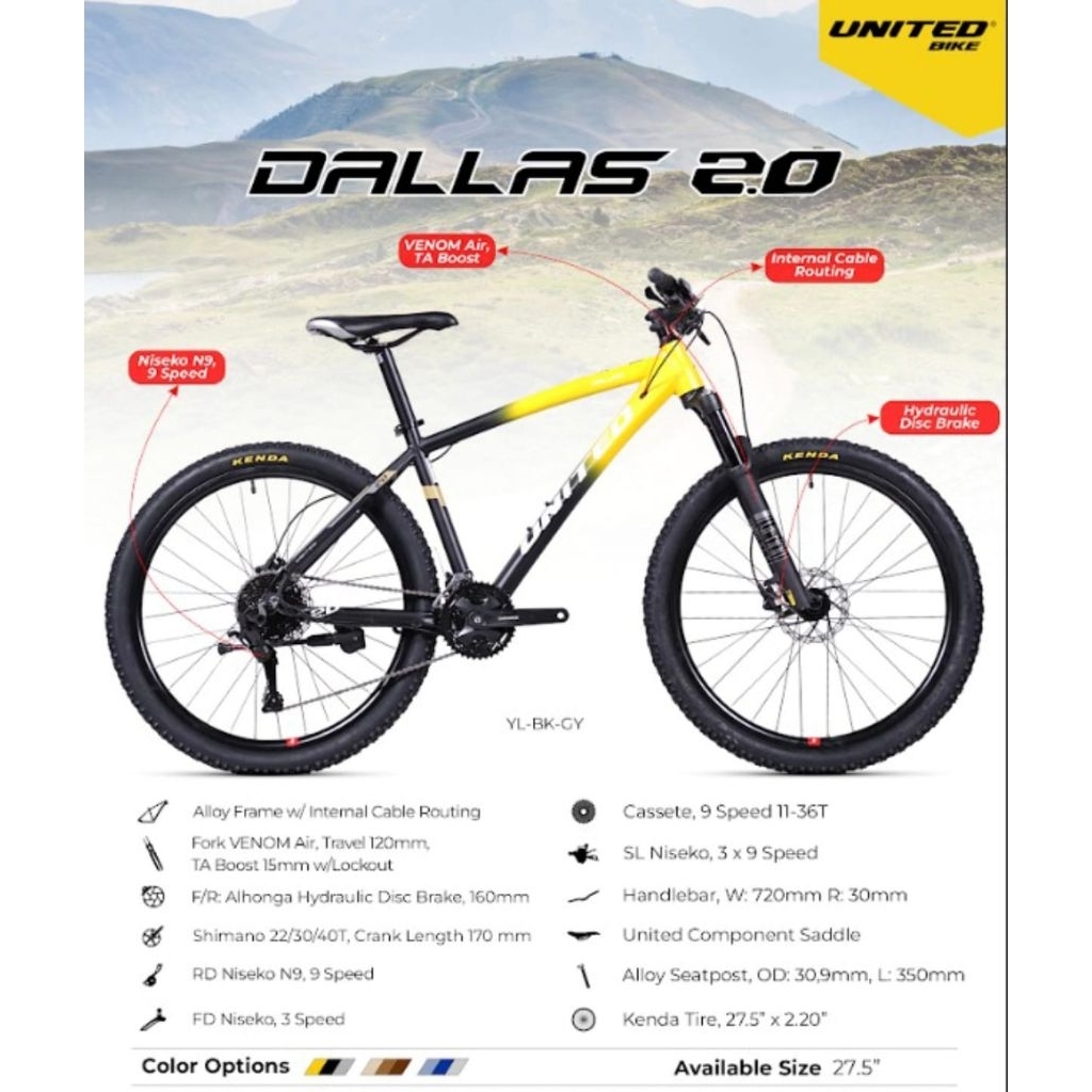 SEPEDA GUNUNG MTB 27.5 INCH UNITED DALLAS 2.0 FORK VENOM AIR