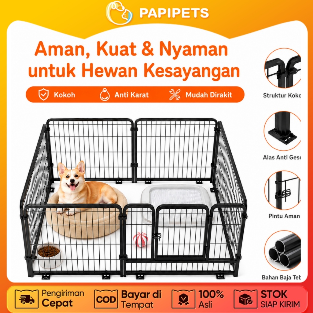 PAPIPETS Pagar Hewan Peliharaan Besi Serbaguna Pagar Anjing Indoor Outdoor Pembatas Aman Mudah Dipas